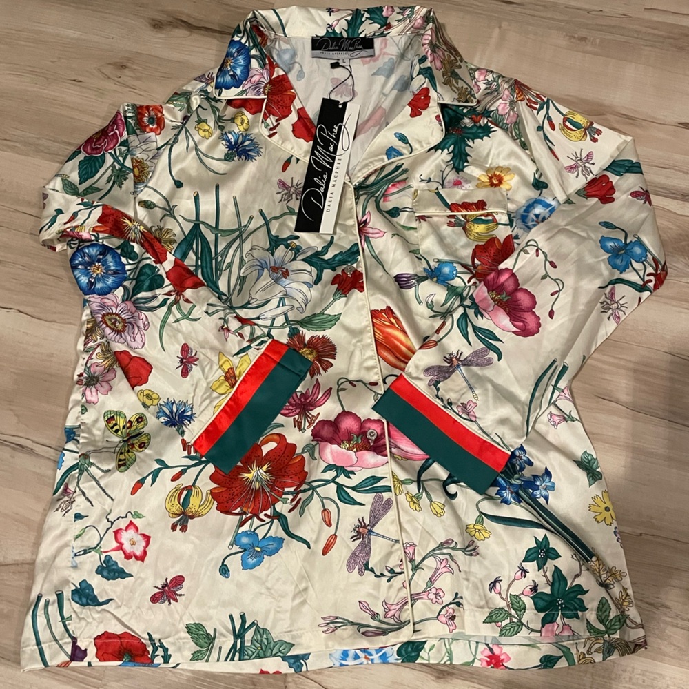 Dalia MacPhee White Field Poppy Satin Pajama Set Size Large Long Sleeve - Picture 5 of 9